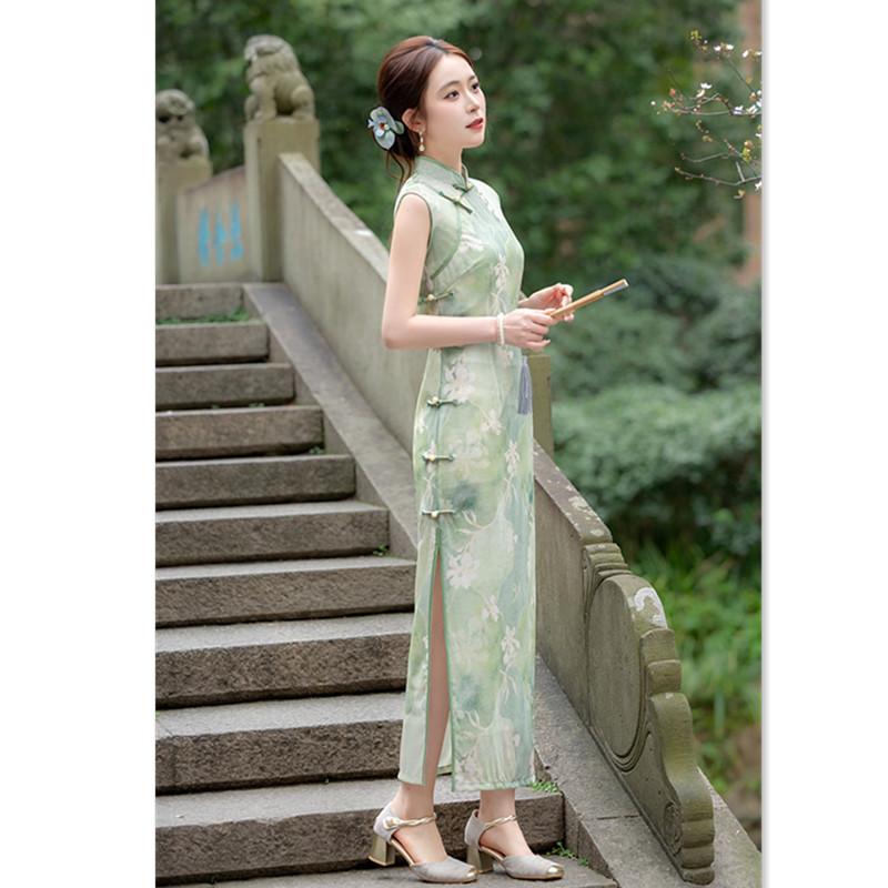 Green mesh Hong Kong style sleeveless new Chinese cheongsam spring and summer new slim and thin young girls daily wear