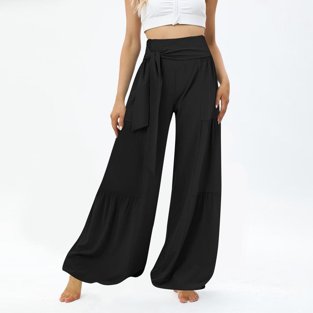 Hohe Taille Gürtel Binden Schlitz Weites Bein Schnelltrocknende Freizeithose Yoga Weites Bein Seitenschlitz Sommer Freizeithose Weites Bein