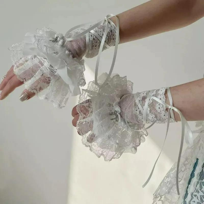 Lolita Y2K Style Sexy Lace Gloves Sweet Ruffled Tulle Fingerless Mittens Elegant Ribbon Tie Wrist Cuffs Anime Cosplay Gloves
