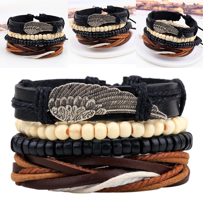 4pcs Punk Braided Adjustable Leather Bracelets Men For Women Cuff Vintage Jewelry
