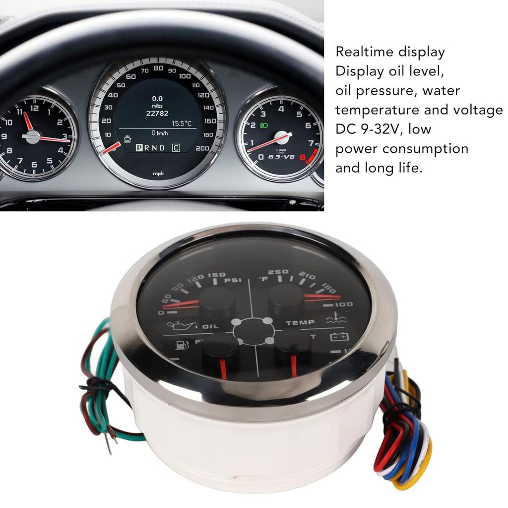 Fuel Gauge, Rpm Gauge, Stainless Steel 85mm 4 in1 Universal Guage Fuel Level Oil Pressure Water Temp Meter Tachometer Gauge Fuel Pressure Gauge for