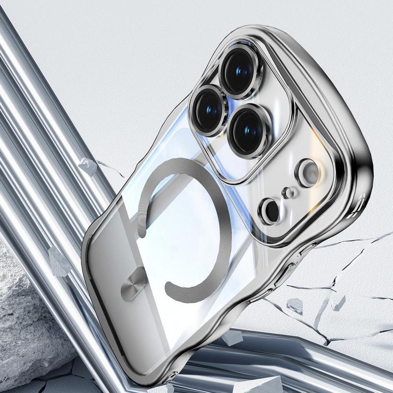 Plating Wavy Frame Magnetic Phone Case For iPhone 17 Pro Max 16 15 14 13 Electroplated Silicone Bumper Shockproof Clear Soft Cover