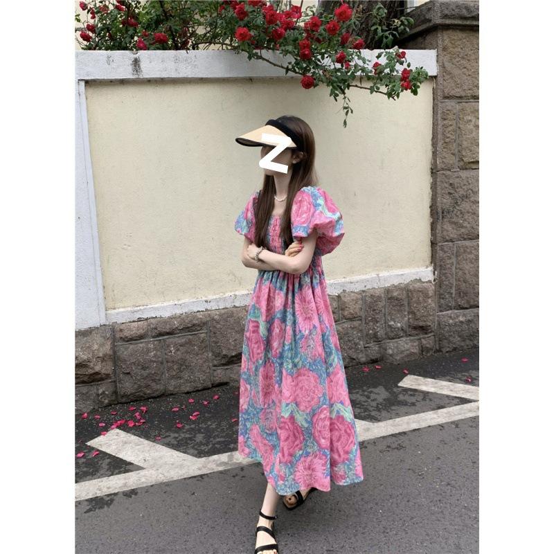 

Floral square neck bubble sleeve dress women s summer new waist thin medium and long skirt tide M