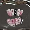 10Pcs Almond Press On Nails Handmade French Tip With Pearl Bowknot Diamond Heart Design Full Cover Fake Nail Tips