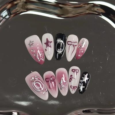 10Pcs Almond Press On Nails Handmade French Tip With Pearl Bowknot Diamond Heart Design Full Cover Fake Nail Tips
