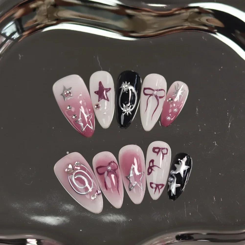 10Pcs Almond Press On Nails Handmade French Tip With Pearl Bowknot Diamond Heart Design Full Cover Fake Nail Tips