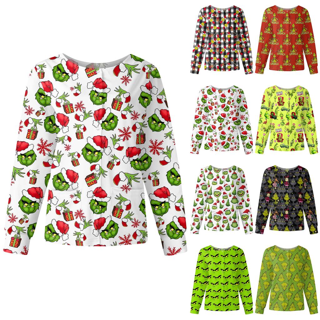 Women's Casual Fashion Long Sleeve Standing Collar Single Breasted Christmas Print Workwear Jacket Tops