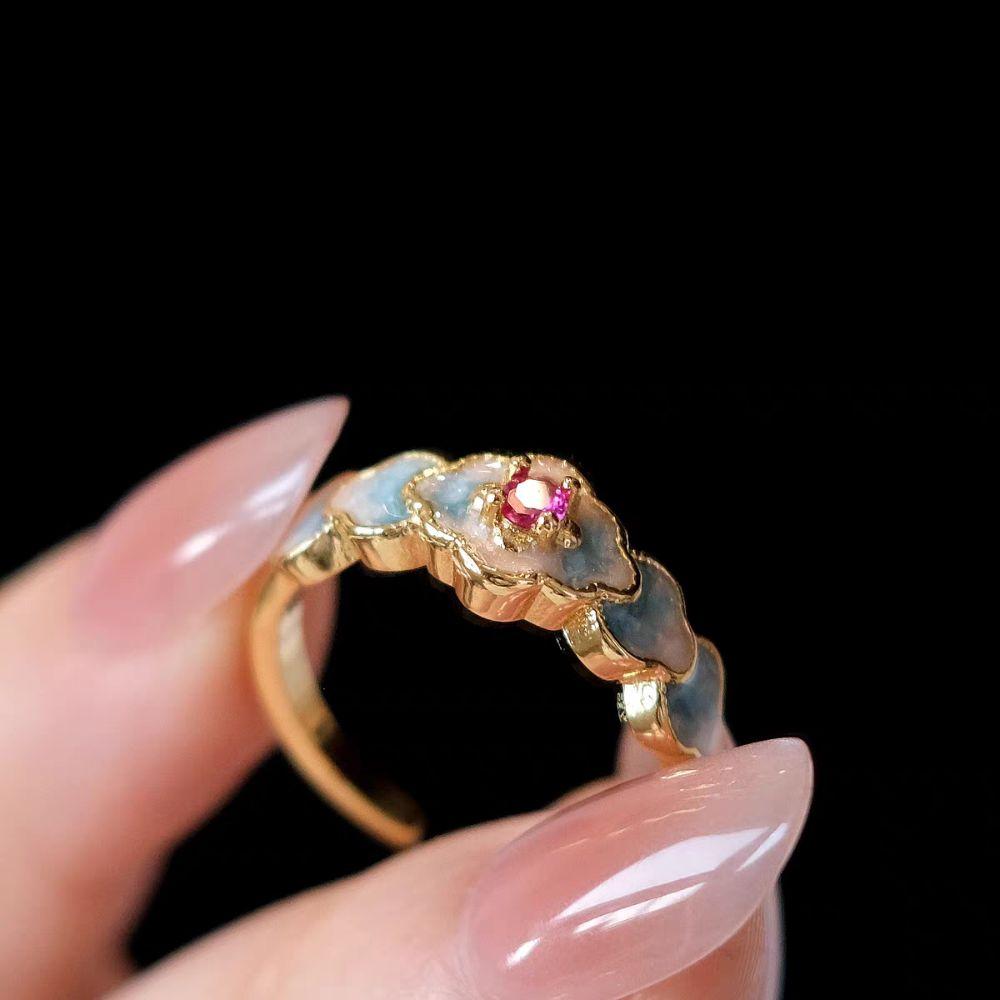 Flower Enamel Finger Rings Exquisite Chinese Style Rings Personlized Vintage Open Rings  Hanfu