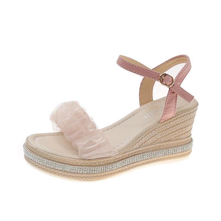 

Wedge heel sandals women s 2025 summer new Korean version of high-heeled thick-soled rhinestone mesh yarn one-word buckle muffin women s shoes 40 розовый