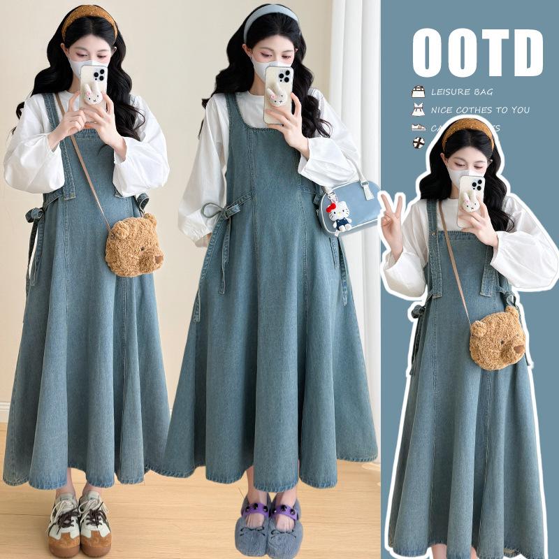 2026 Spring Korean Style Reversible Lace-up Retro Denim Overalls & T-shirt Maternity Set 2XL