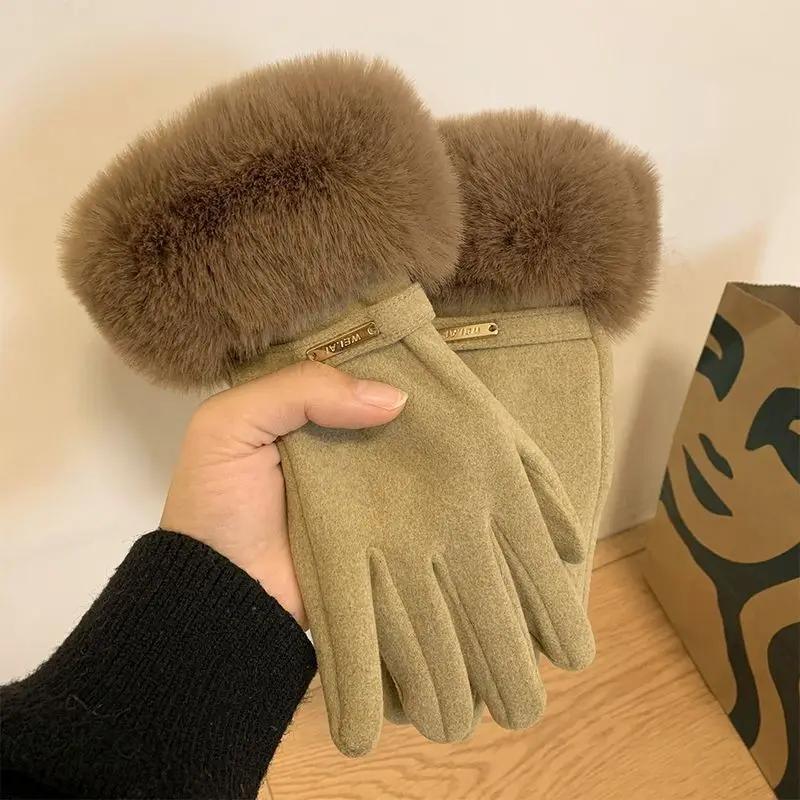Guanti da donna invernali caldi in velluto con touch screen, spessi, in peluche, da polso, in pelle scamosciata, alla moda, eleganti, da guidare e da ciclismo