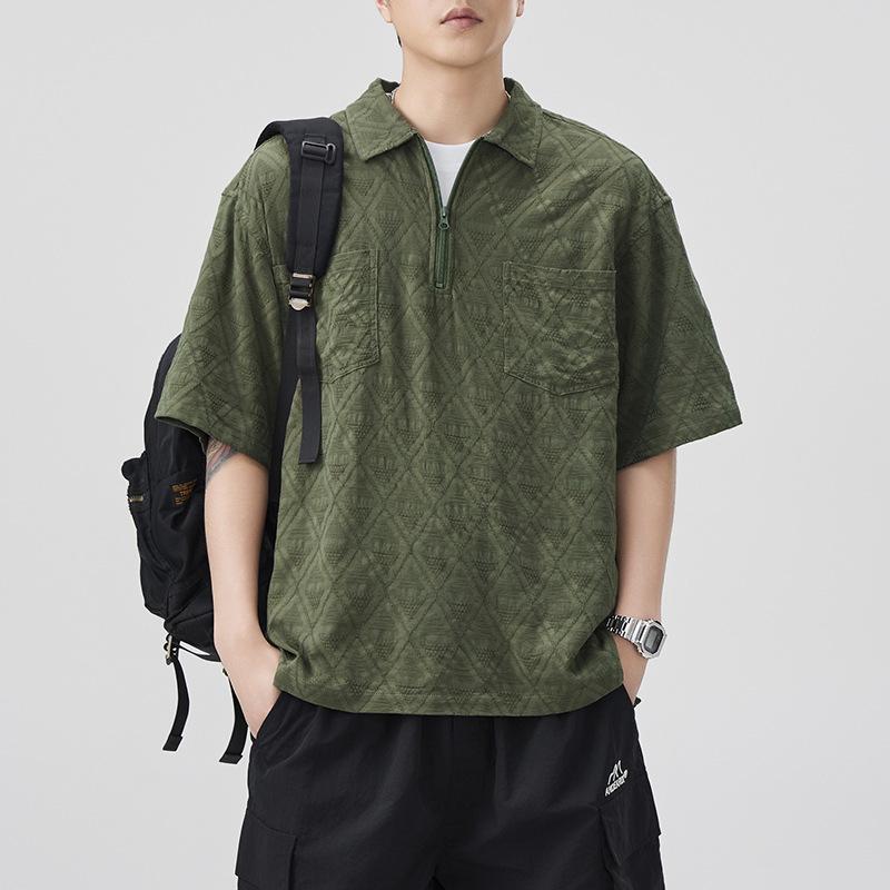 Americká Retro Texturovaná Košile s Krátkým Rukávem Pánská s Límcem Polo Japonská Čistá Bavlna Volná Košile s Krátkým Rukávem