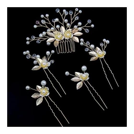 5-Piece Wedding Hair Accessory Set: Pearl & Crystal Leaf Design for Updos, Kimono, Bridal, Graduation, Parties - Elegant Hair Pins & Clips for Formal