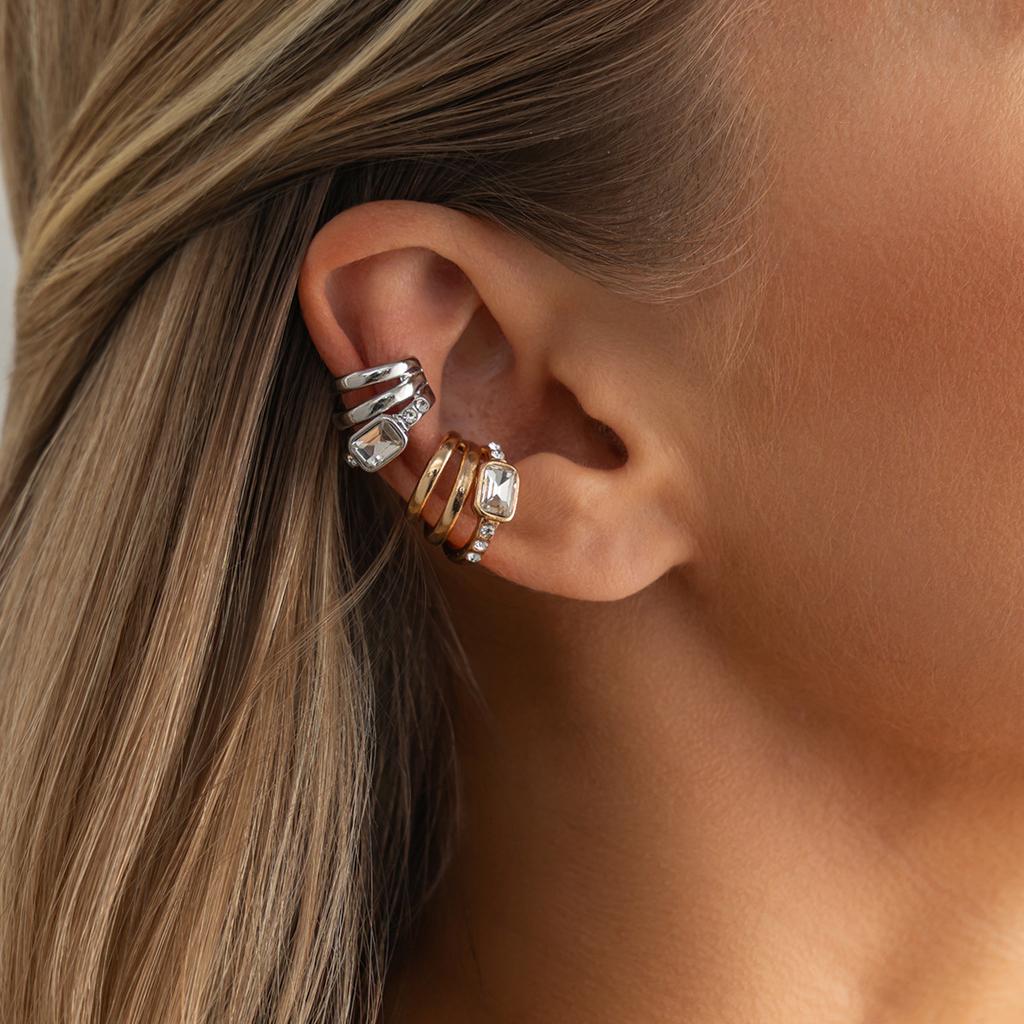 1Pc Simple Square Zircon Clip Earrings for Women Three Layer Luxury Rhinestone Ear Cuff Clip Without Pierced Ear Cuff Jewelry