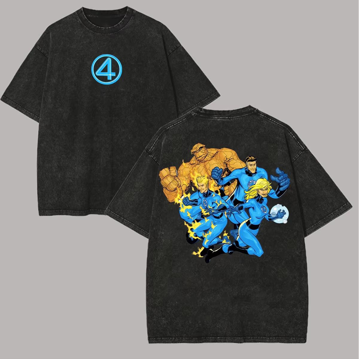 

Vintage Fantastic Four Graphic TShirt Men Retro Marvel Superhero Comics Print Tee Washed Black Oversized Streetwear Cotton Tops 3XL