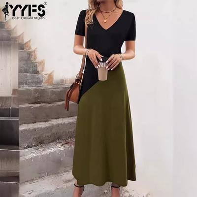 Women's Fashion Summer Spring Colour Block Print Short Sleeve V-Neck High Waist Casual Dresses