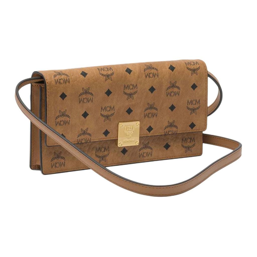MCM Aren Visetos Classic Pattern Brass Nameplate Faux Leather Wallet Crossbody Bag Large Women bags Brandy MYLFATA01CO001