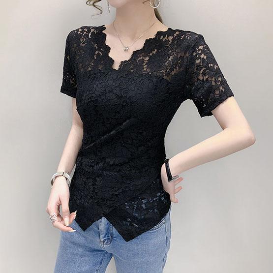 S-4XL Spring Summer Women's Tops Plus Size Solid Color Slim Lace Bottoming Shirts All-match V-neck Short-sleeved Shirts