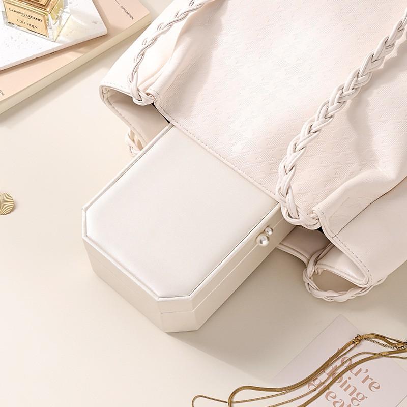 Elegant Dual-Layer PU Jewelry Box Rings Necklaces Storage Pearl Finish White Sky Blue