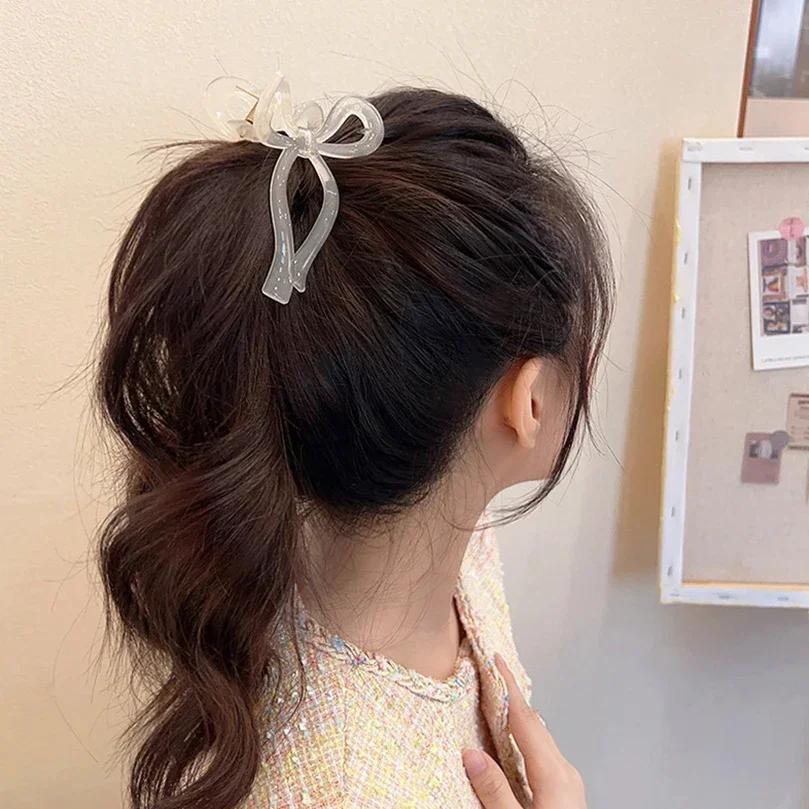 Acryl-Haarspange mit Schleife in Bonbonfarbe für Damen, durchsichtige Haarklammer mit Haifischzahn für den hinteren Okzipitalbereich, schlicht und süßer Kopfschmuck