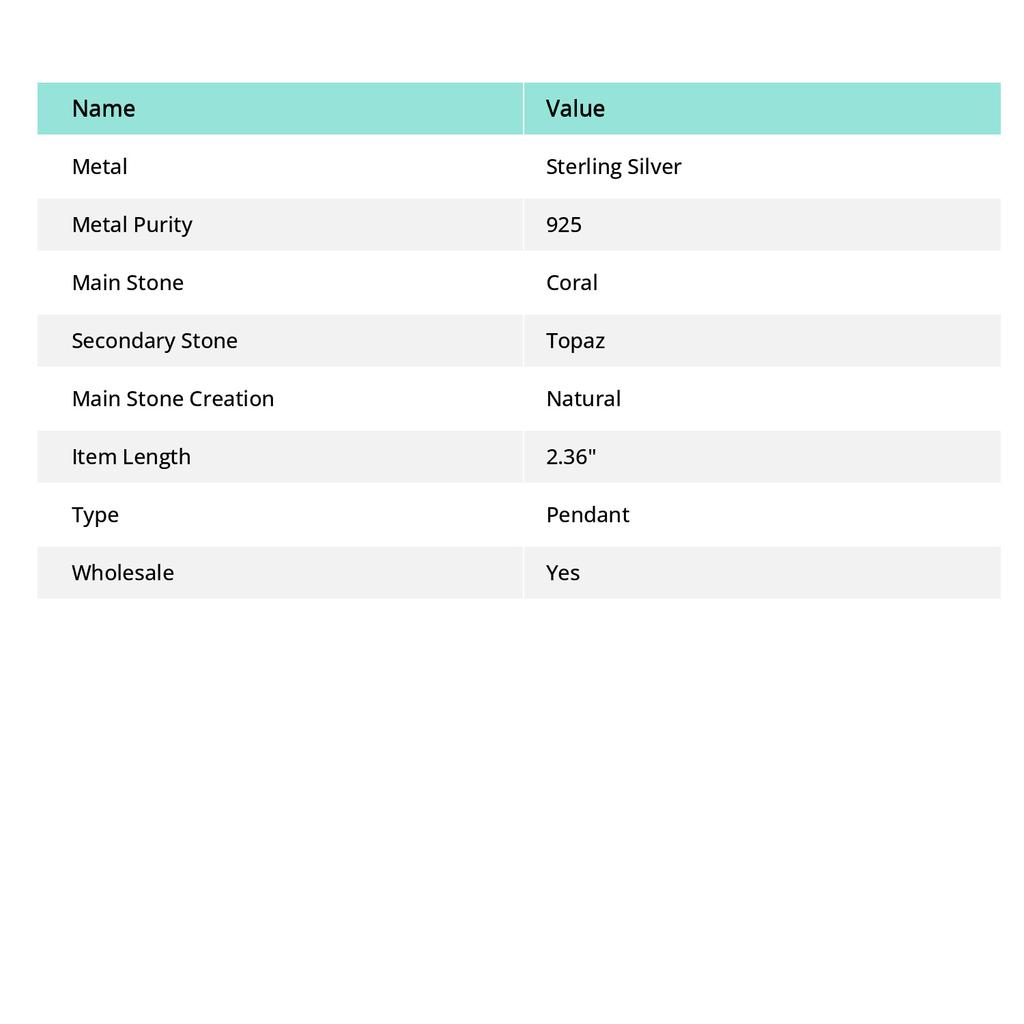 Natural Stingrey Coral, Topaz Gemstone 925 Sterling Silver Pendant 2.36" W2F27