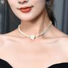 French Retro Camellia Pearl Necklace with Asymmetrical Rhinestone Chain – Elegant Neck Accessory