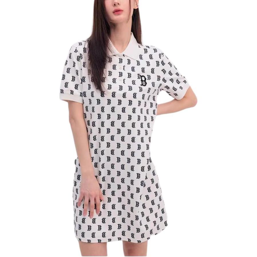 MLB Monogram Series Boston Red Sox All Over Print Straight Leg Sports Polo Dress Women Dresses Cream 3FOPM0143-43CRS