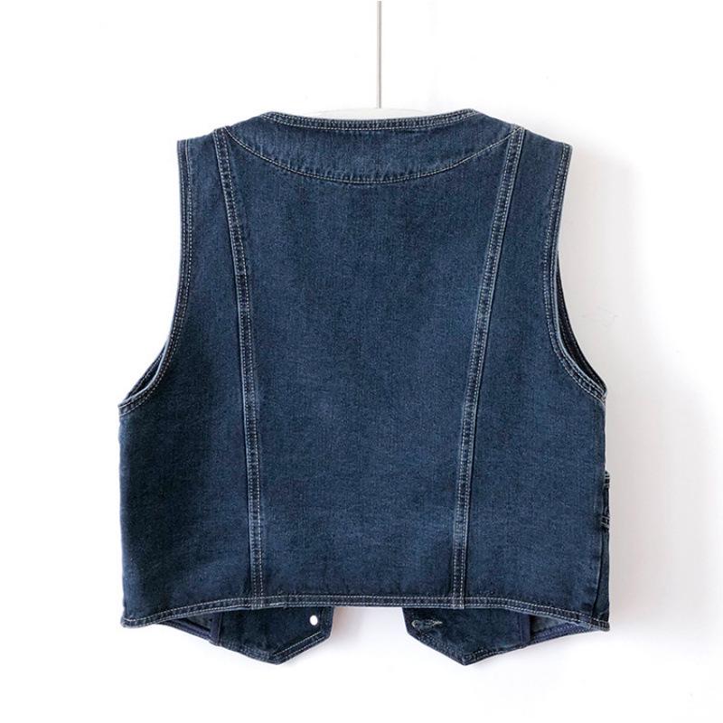Women's European Retro V-Neck Dark Blue Denim Vest - Spring/Autumn 2025 Sleeveless Loose-Fit Outerwear