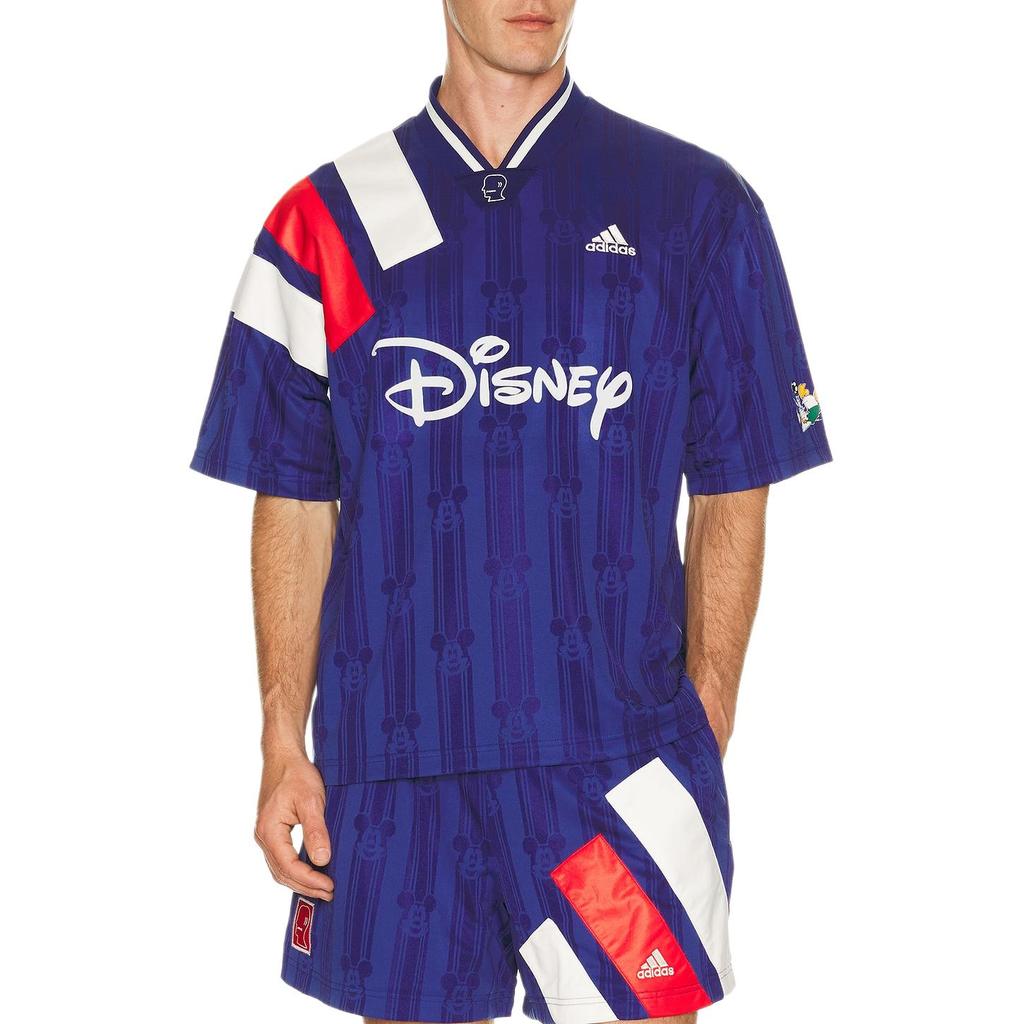 adidas X Brain Dead X Disney Mickey Mouse Striped V-Neck Short Sleeve Soccer Shirt Men Tops KR5194