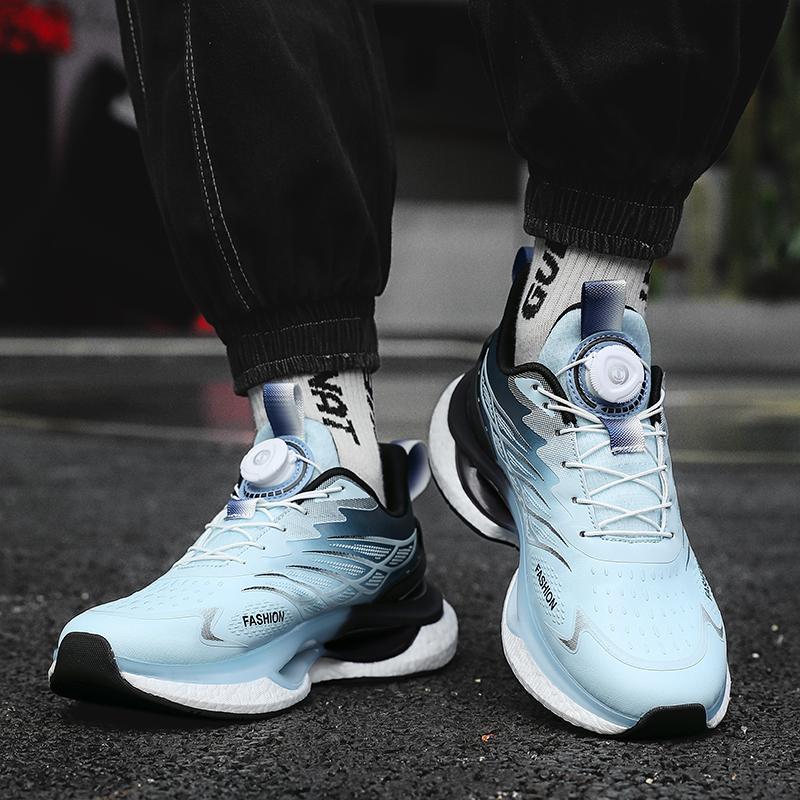 New high quality leisure non-slip sports shoes men's rotary buckle real popcorn soft sole springback cushioned running shoes