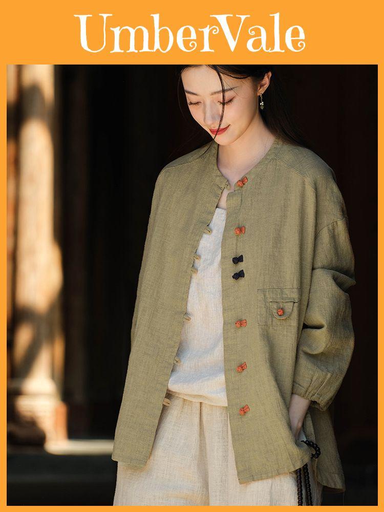 Spring 2026 Vintage Cotton Linen Shirt For Women With Colorblock Closure