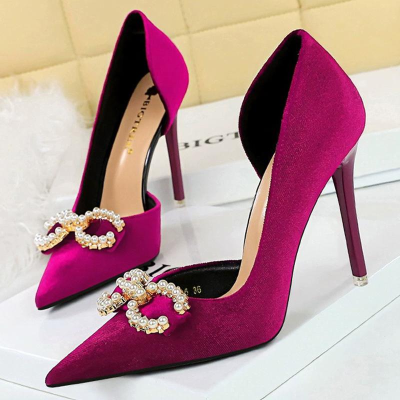 

Туфли BIGTREE 7 см Каблук-рюмочка Пряжка со стразами Жемчужный дизайн Женские туфли-лодочки Замшевые Женские каблуки Шпильки Роскошные вечерние туфли 40