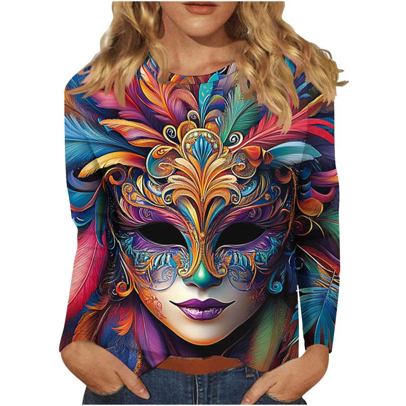New Mardi Gras Women Men Long Sleeve T Shirt 3d Printed Mask Graphic T-shirt Carnival Spring Casual Outdoor Vacation Streetwear