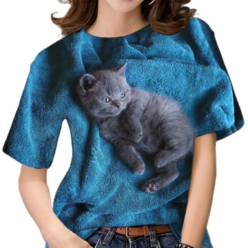 Summer Women's T-shirt - Cute 3D Cat Printed Short Sleeve