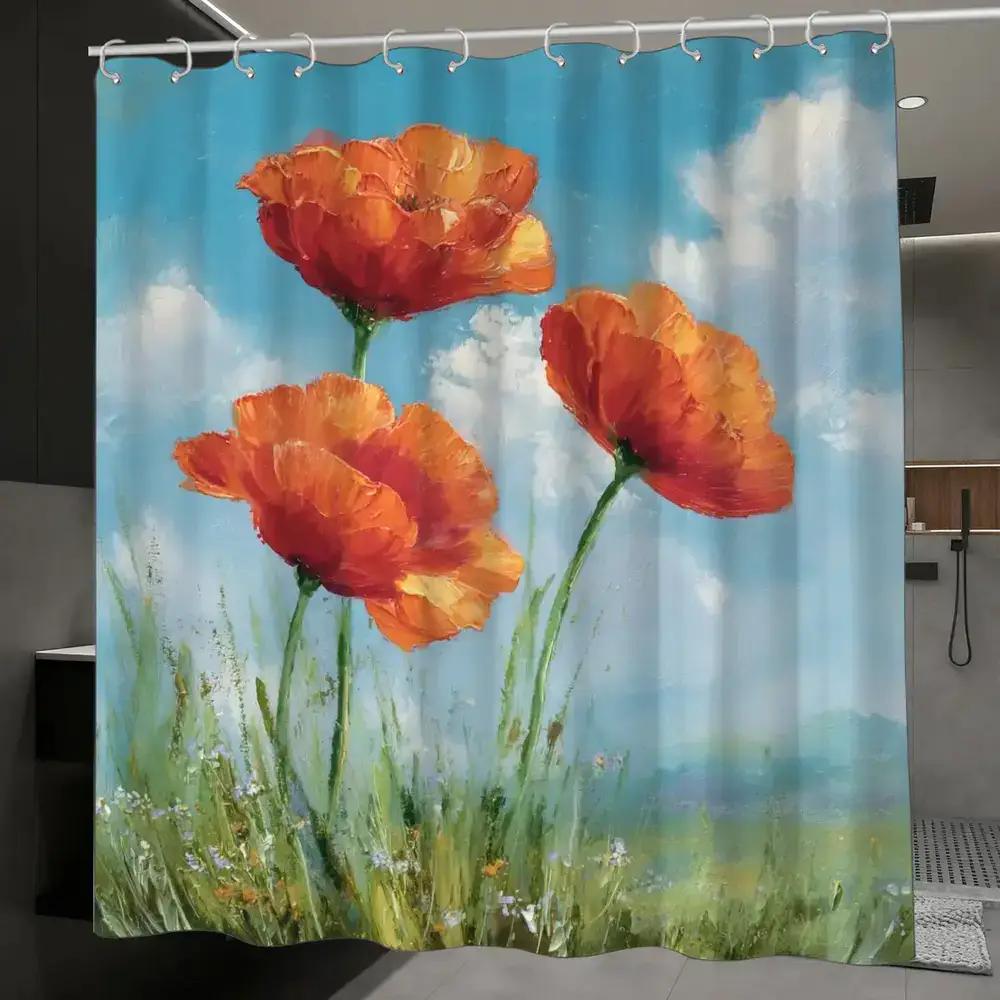 

Impressionist Poppy Shower Curtain – Orange Red Poppies, Blue Sky & Green Meadow, 12 Hooks, Waterproof Floral Bathroom Decor W60H190(CM)-1 Pcs