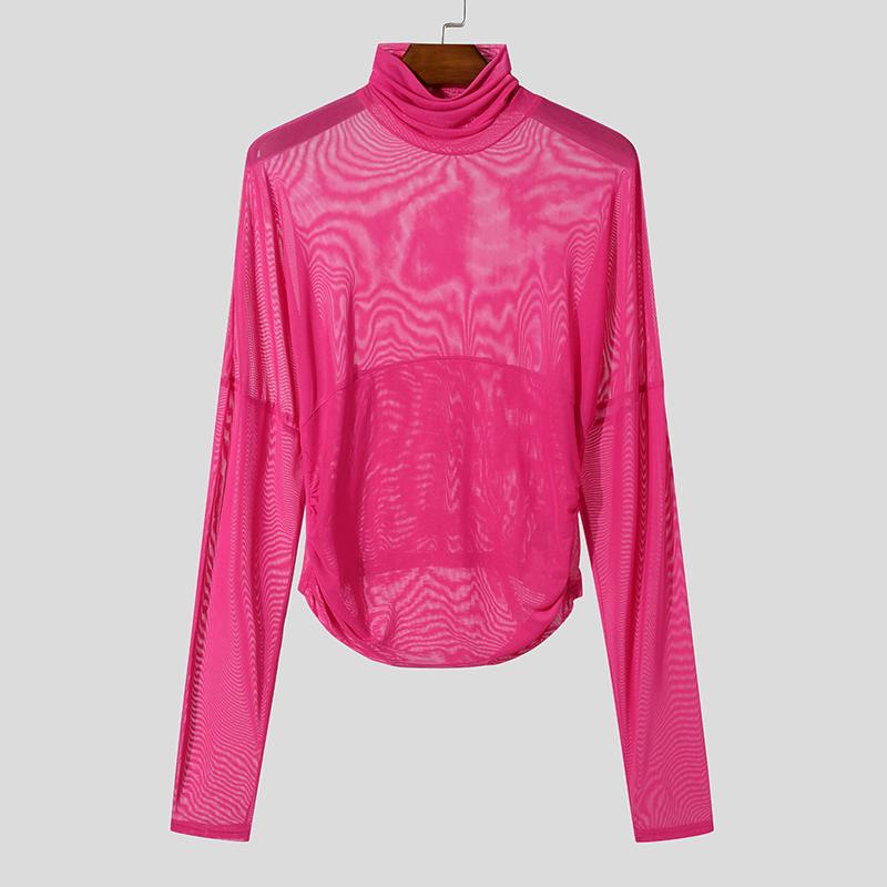 INCERUN Men High Neck Long Sleeve Ruffled See Through Tops Club Party Mesh Irregular T-Shirts