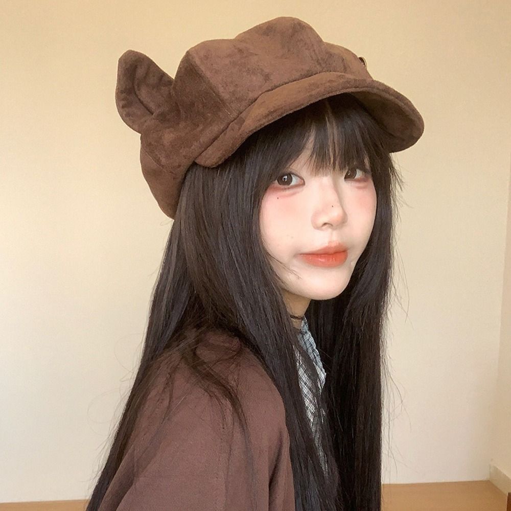 Trendy Cat Ear Beret Hat Suede Multicolor Octagonal Cap Versatile Keep Warm Newsboy Cap Autumn Winter