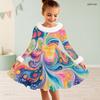 Girls White Fur Collar Long Sleeve Bow Black Gold Printed A Line Flared Dress