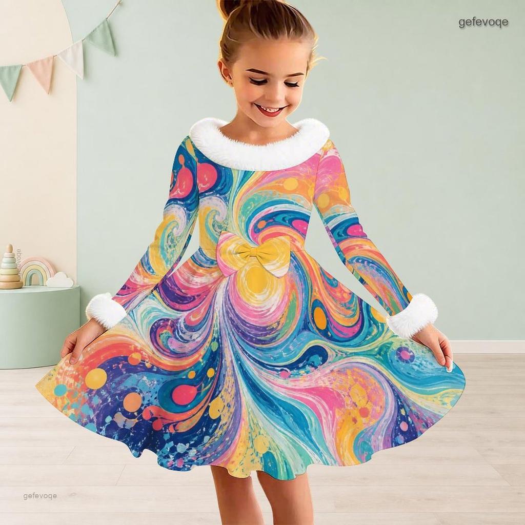 Girls White Fur Collar Long Sleeve Bow Black Gold Printed A Line Flared Dress