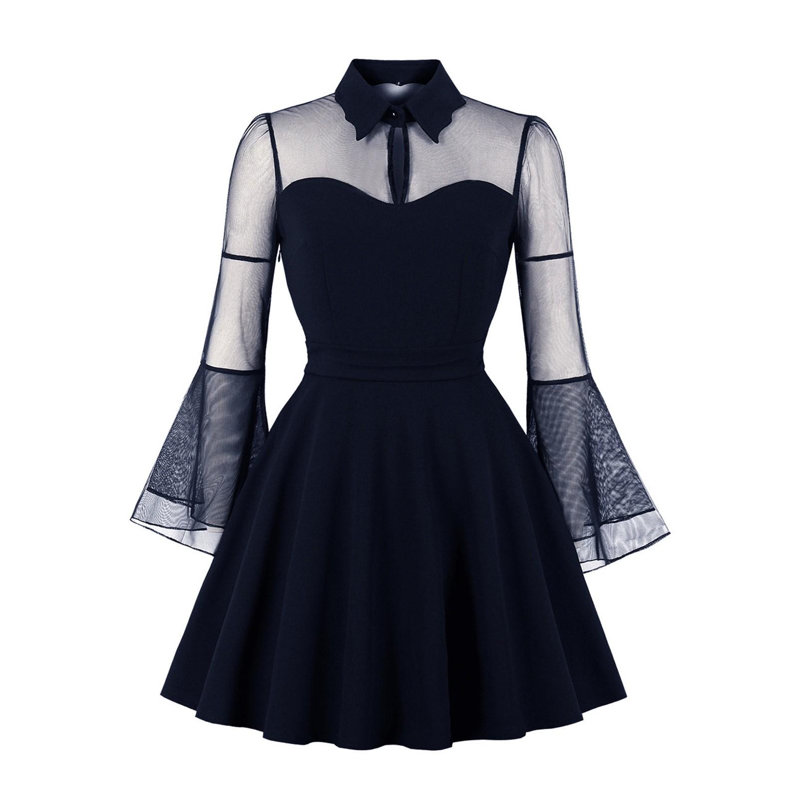 

Женское модное однотонное сетчатое платье-труба с длинными рукавами в стиле ретро S тёмно-синий