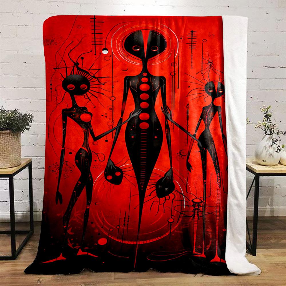 Alien-like Figures with Elongated Black Forms On a Vivid Red Abstract Background. for All Seasons Blanket Lunch Break Throw Gift