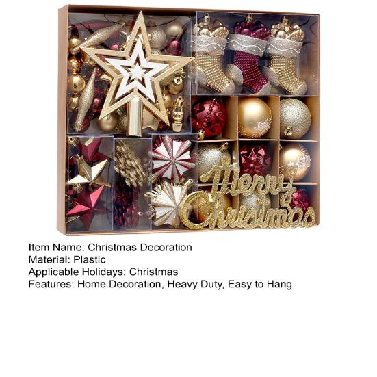 70Pcs/Box Assorted Merry Christmas Ornament Shatterproof Xmas Ball Star Tree Topper Hanging Stocking Snowflake Holiday Party Decoration