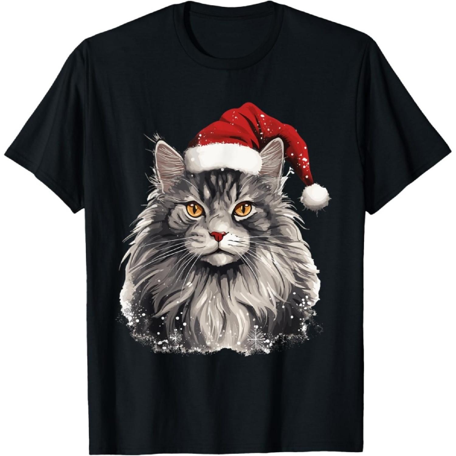 Maine Coon Cat Breed Pet with a Christmas Hat T-Shirt S
