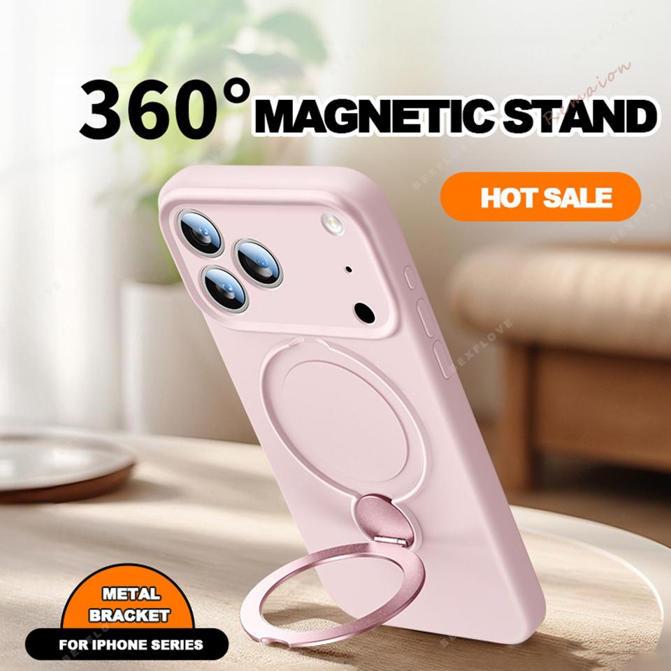 Liquid Silicone Magnetic Bracket Phone Case For iPhone 17 13 14 15 16 Pro Max Air Plus Magsafe Stand Holder Protector Cover