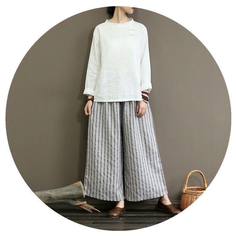 2023 Retro Cotton Linen Striped Wide-Leg Women's Slimming Cropped Pants - Japanese Style Summer Casual Wear