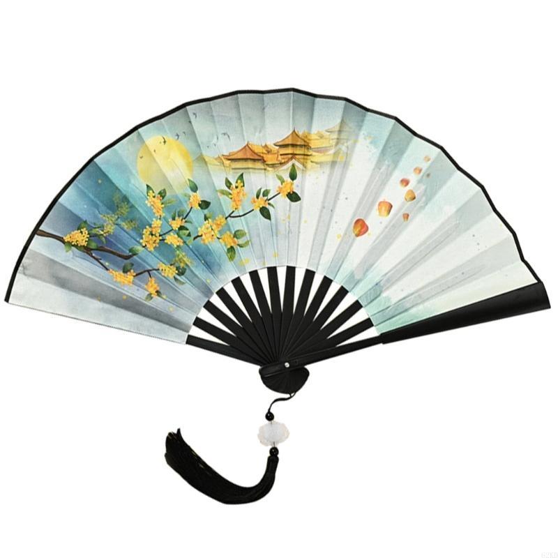 62KD Handhelds Folding Fan Elegant Chinese Vintage Painting Double Sided Hand Fan with Tassels for Dance Home Decorations
