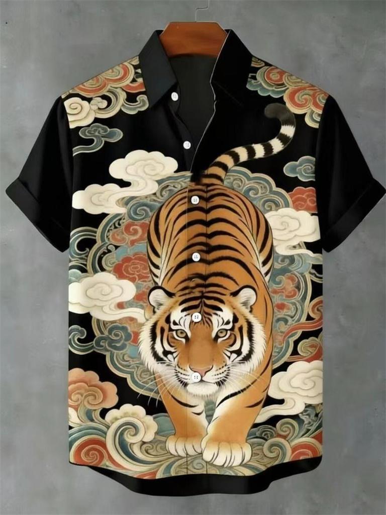 Tiger Pattern, Digital Printing, Fashion Trend, Street Outdoor, High-Quality and Comfortable Men's Short-Sleeved Casual Shirt
