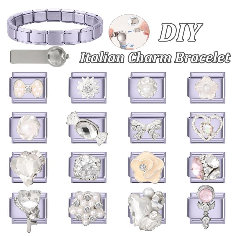Y2K Purple Series Bow Candy Heart Flower Shiny Italian Charm Links Fit 9MM Stainless Steel Bracelet Girls' DIY Making Jewelry