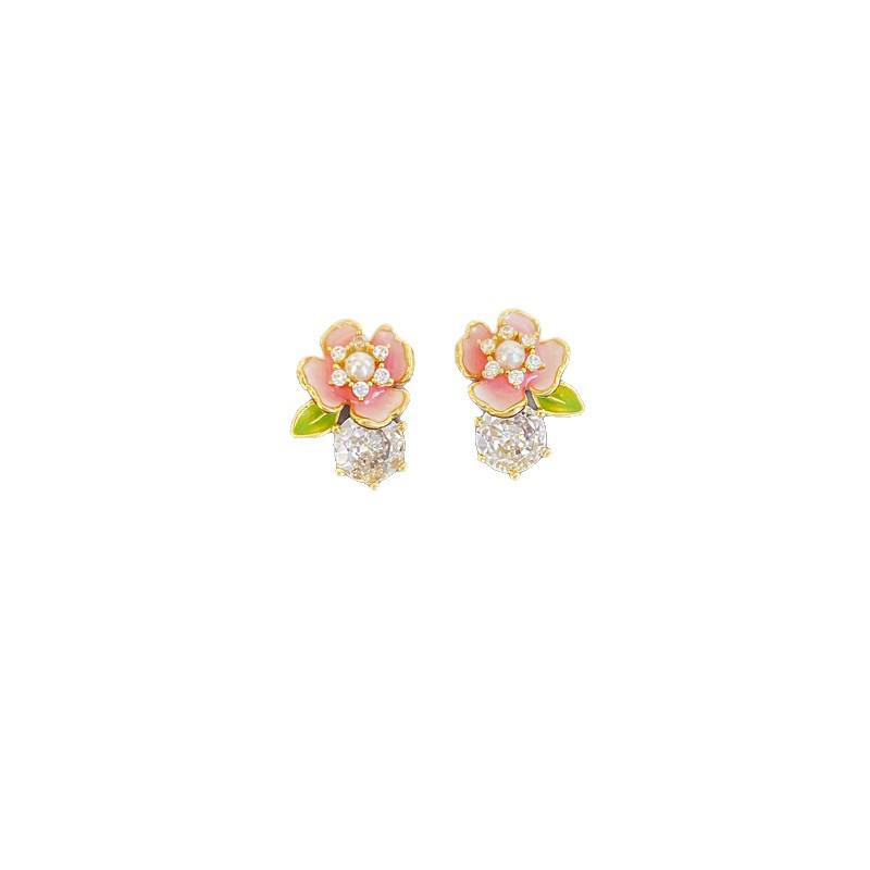 Pink Flower Cubic Zirconia Pearl Stud Earrings - 2026 New Stylish Light Luxury Niche Design for Women