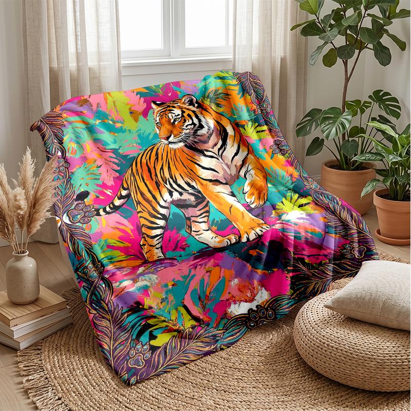 Tiger in Tropical Jungle Theme blanket Lightweight Warm Flannel Blanket Decorative Throw Blanket for Home Decoration